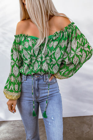 Printed Tassel Tie Balloon Sleeve Blouse