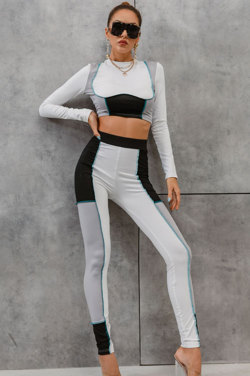 Color Block Crop Top and Leggings Set