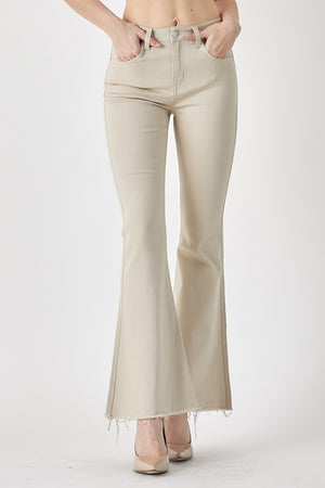 Mid-Rise Raw Hem Flare Jeans in Khaki