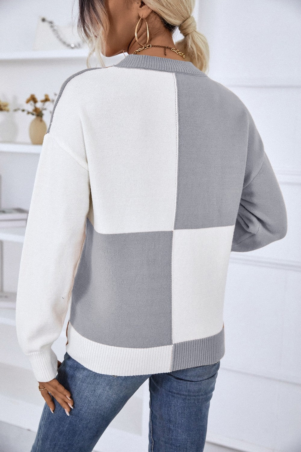 Color Block Ribbed Trim Dropped Shoulder Knit Pullover