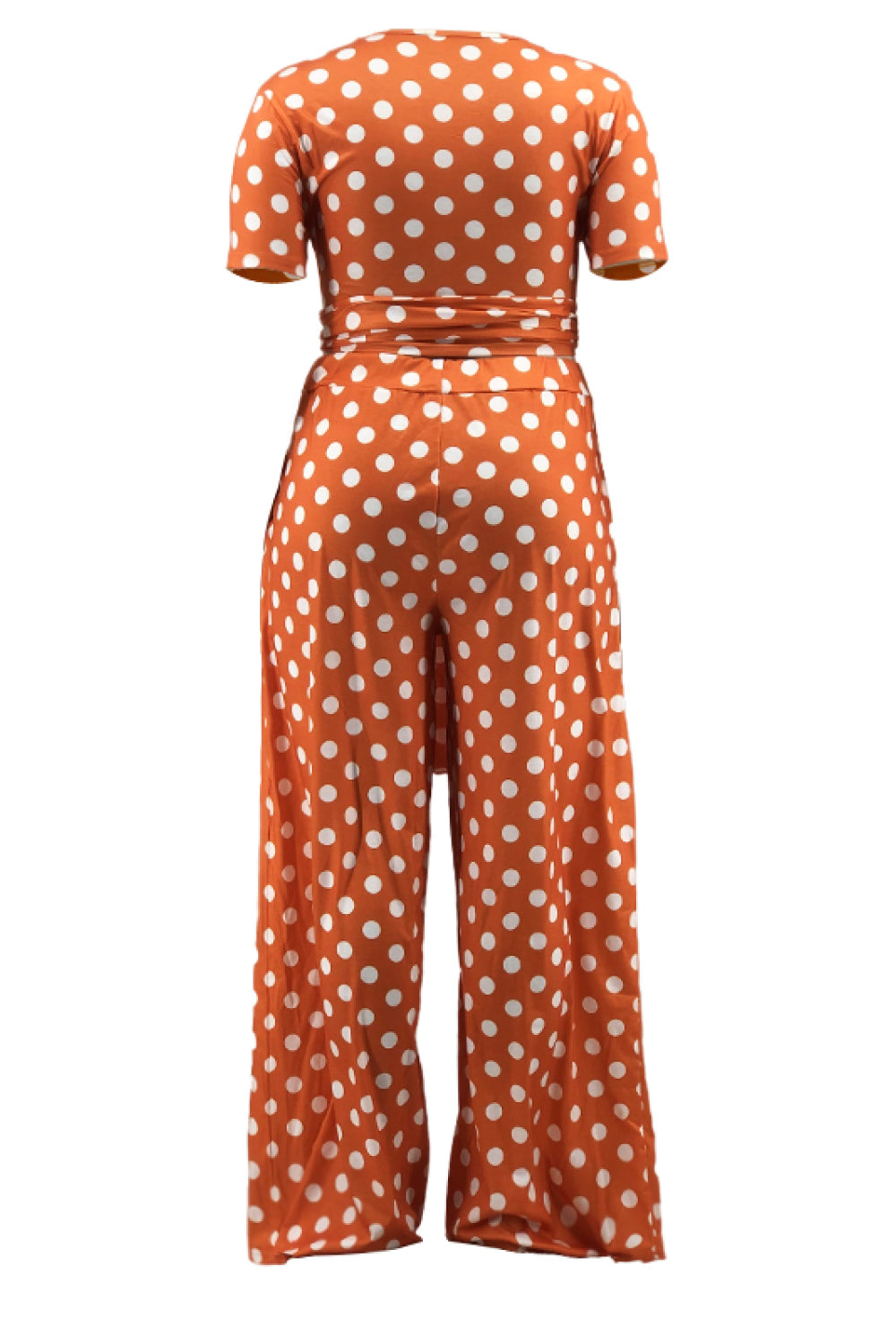 Plus Size Polka Dot Round Neck Top and Wide Leg Pants Set