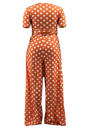 Plus Size Polka Dot Round Neck Top and Wide Leg Pants Set