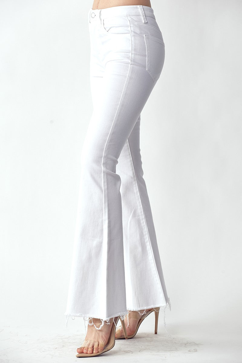 Mid-Rise Raw Hem Flare Jeans in White