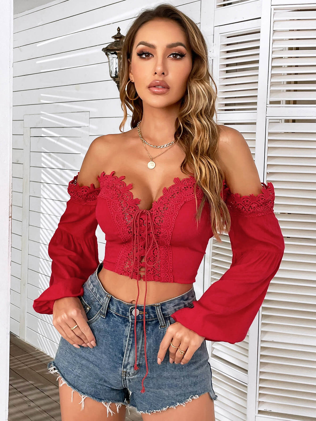 Spliced Lace Tie Front Balloon Sleeve Top