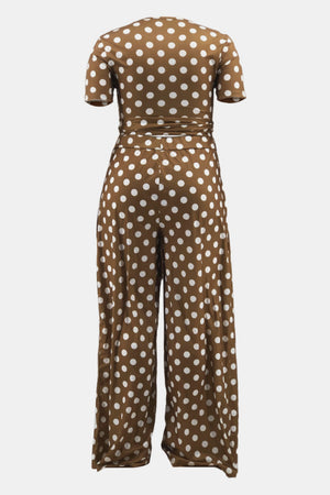 Plus Size Polka Dot Round Neck Top and Wide Leg Pants Set