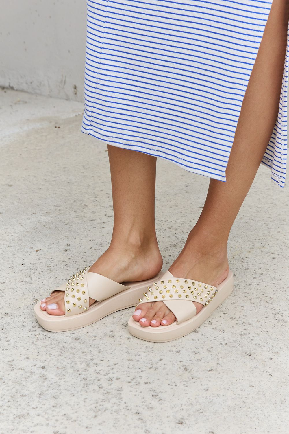 Studded Cross Strap Sandals in Cream