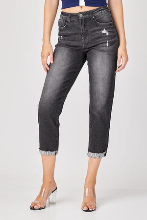 Distressed High-Rise Boyfriend Jeans in Black