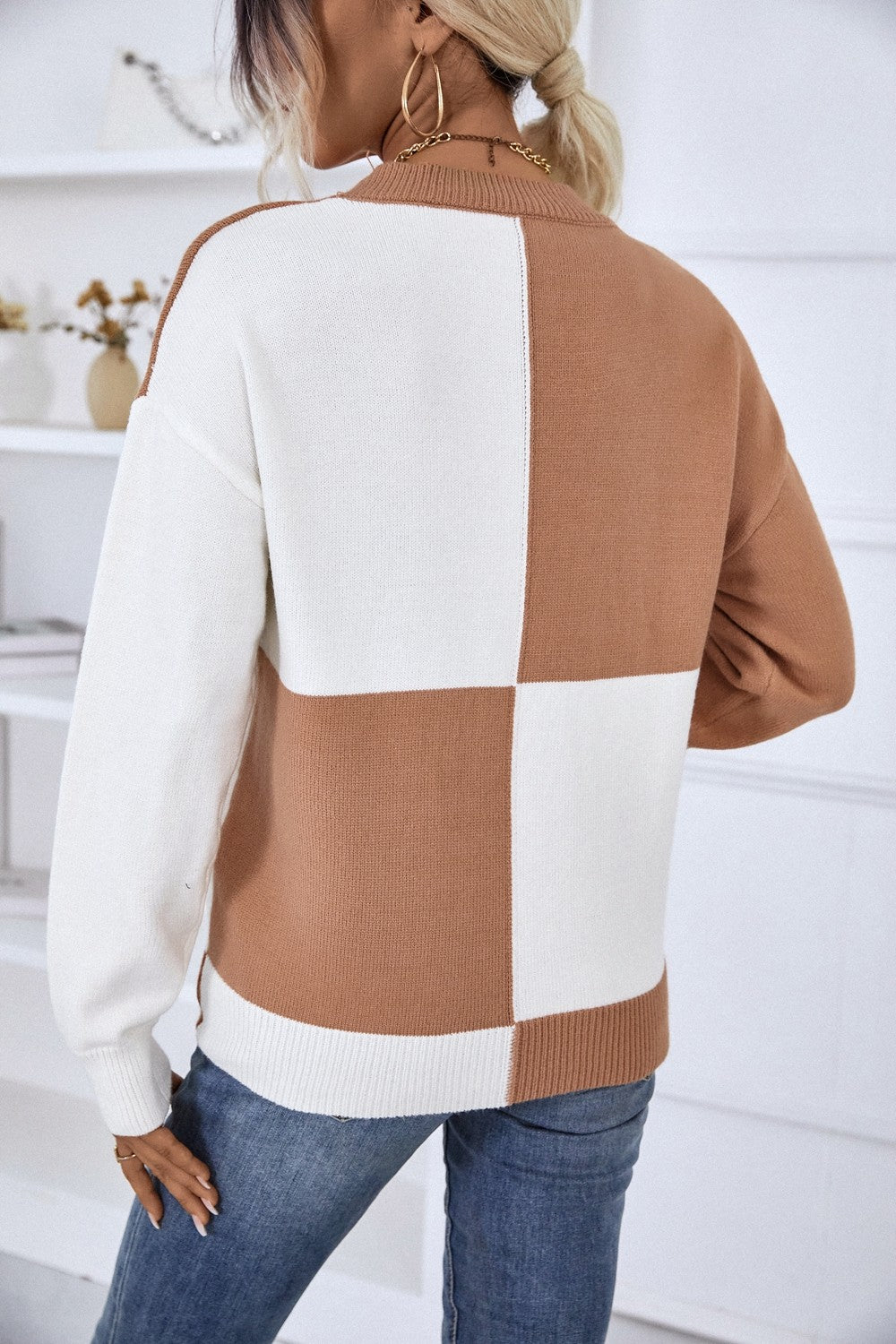 Color Block Ribbed Trim Dropped Shoulder Knit Pullover