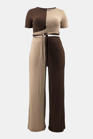 Plus Size Two-Tone Tie Front Top and Pants Set with Pockets