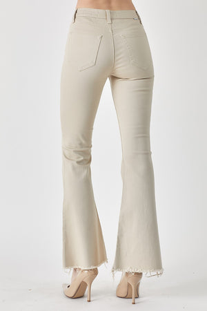 Mid-Rise Raw Hem Flare Jeans in Khaki