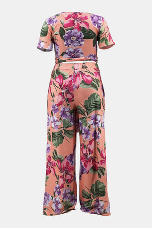 Plus Size Printed Crisscross Tie Front Top and Pants Set