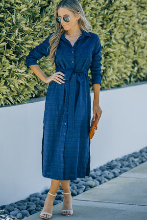 Button Front Textured Slit Shirt Dress with Belt