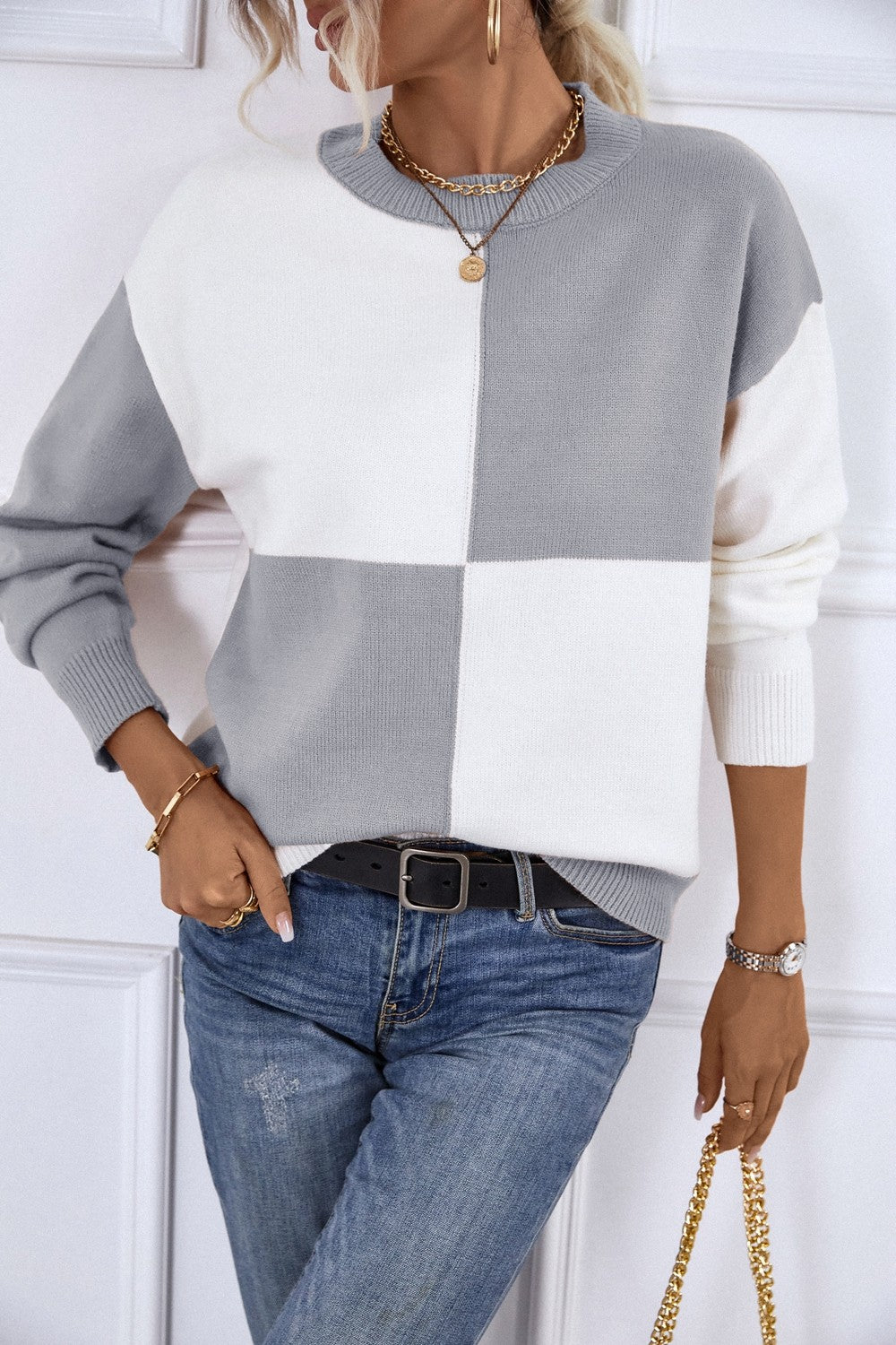 Color Block Ribbed Trim Dropped Shoulder Knit Pullover