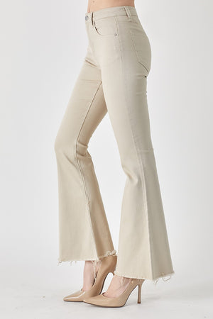 Mid-Rise Raw Hem Flare Jeans in Khaki