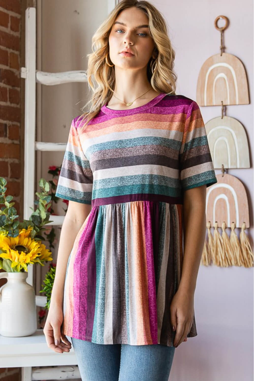 Full Size Striped Round Neck Babydoll Tee in Fuchsia Multi