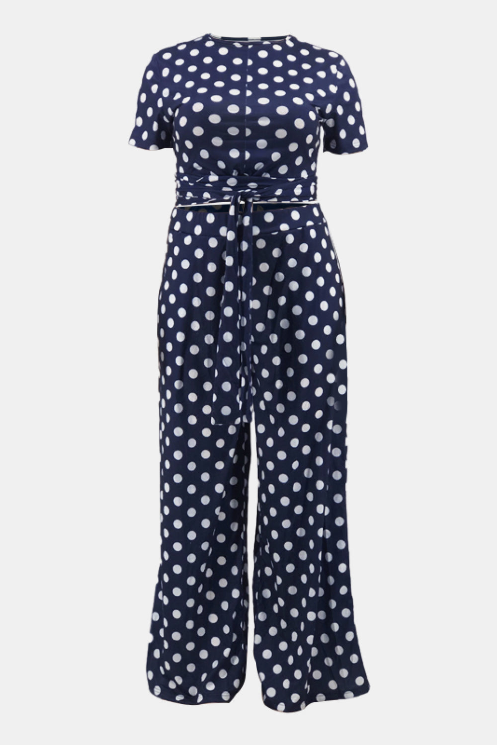 Plus Size Polka Dot Round Neck Top and Wide Leg Pants Set