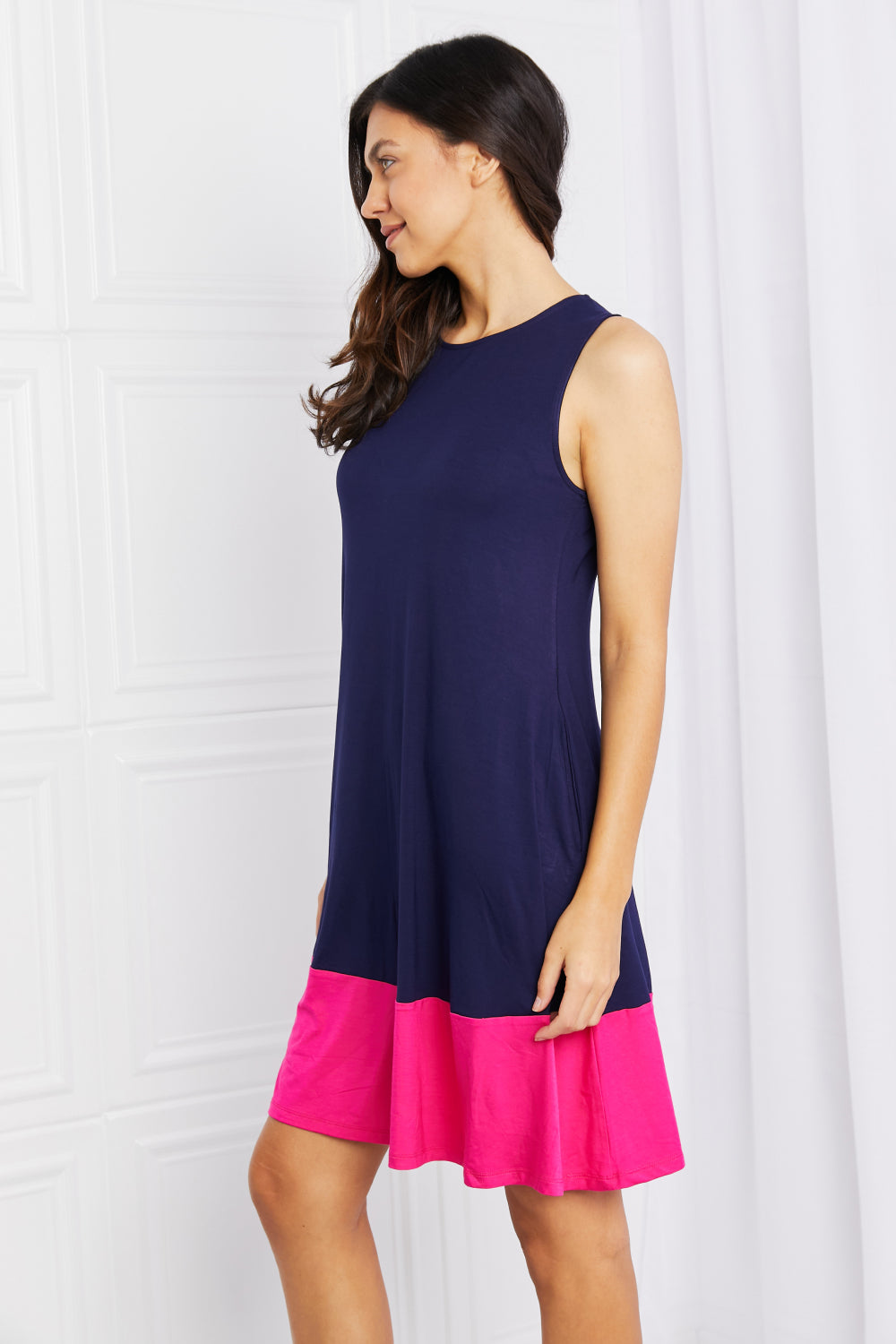 Full Size Two-Tone Sleeveless Mini Dress with Pockets