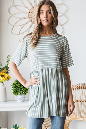 Full Size Striped Round Neck Babydoll Tee in Sage/Ivory