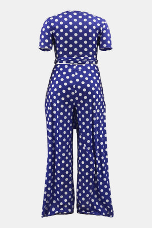 Plus Size Polka Dot Round Neck Top and Wide Leg Pants Set