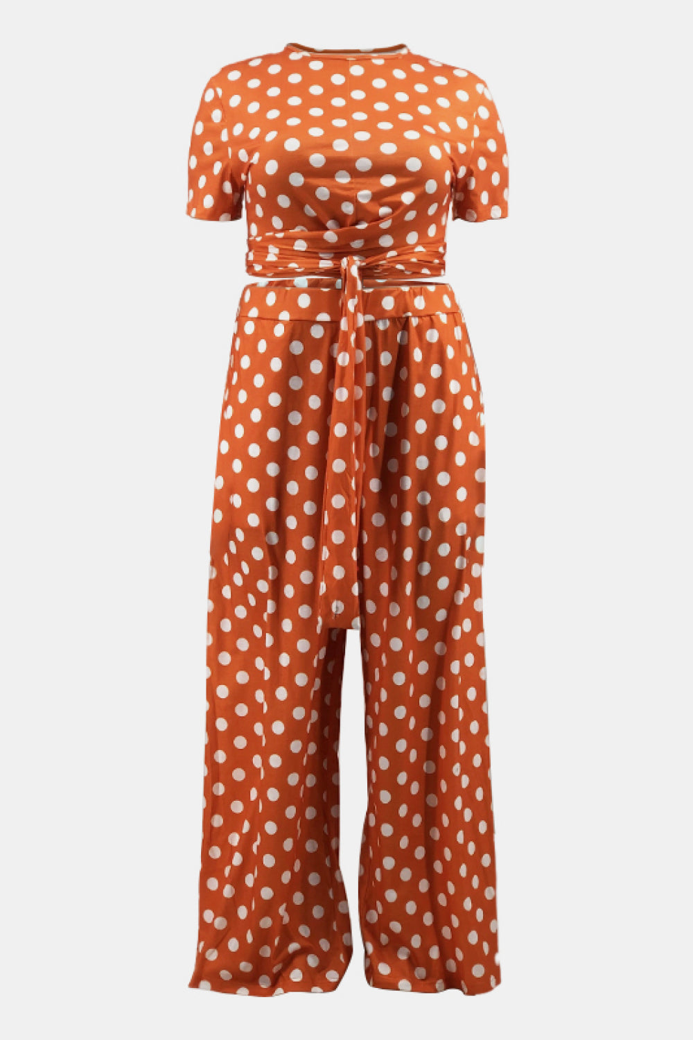 Plus Size Polka Dot Round Neck Top and Wide Leg Pants Set