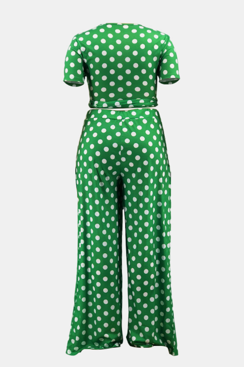 Plus Size Polka Dot Round Neck Top and Wide Leg Pants Set