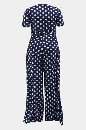 Plus Size Polka Dot Round Neck Top and Wide Leg Pants Set