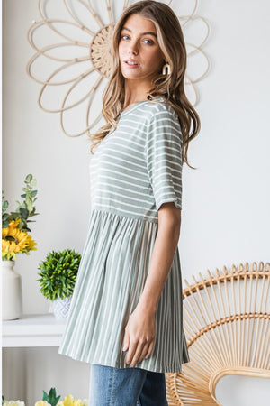 Full Size Striped Round Neck Babydoll Tee in Sage/Ivory