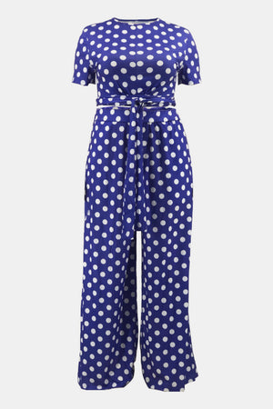 Plus Size Polka Dot Round Neck Top and Wide Leg Pants Set