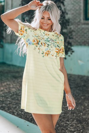 Floral Striped Short Sleeve Round Neck T-Shirt Dress