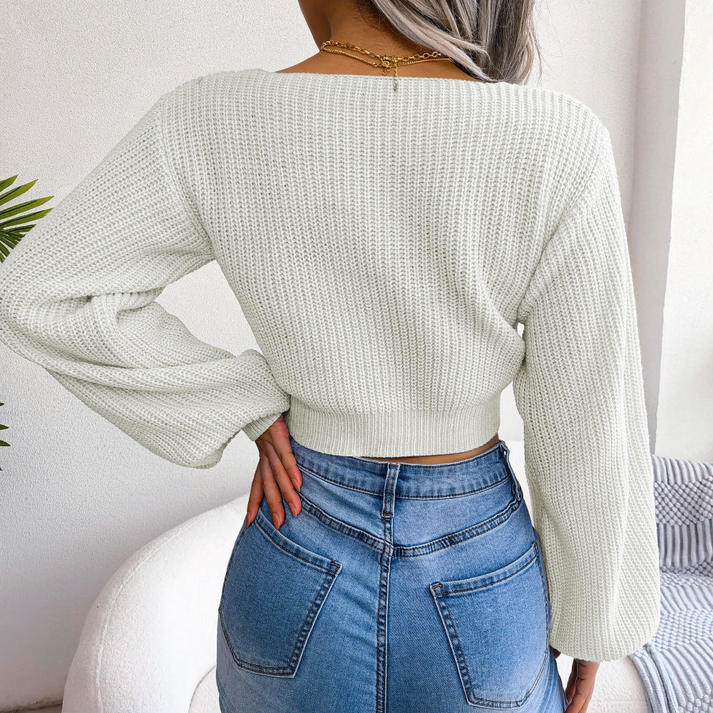 Tie-Front Rib-Knit Cropped Sweater