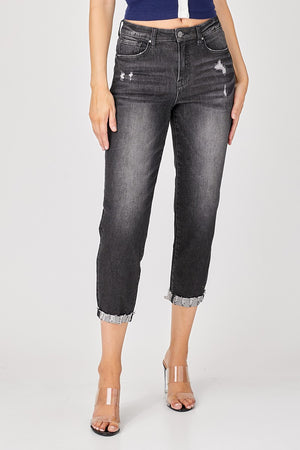 Distressed High-Rise Boyfriend Jeans in Black