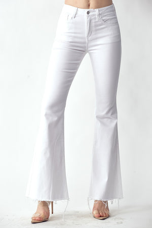 Mid-Rise Raw Hem Flare Jeans in White