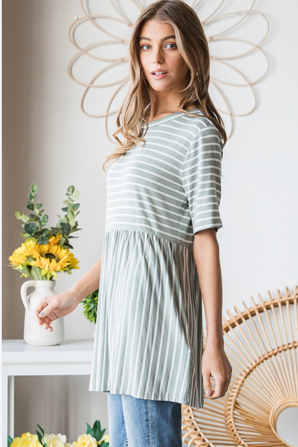 Full Size Striped Round Neck Babydoll Tee in Sage/Ivory