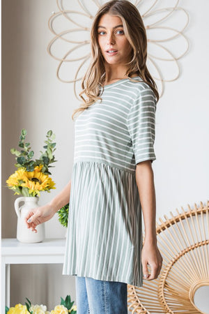 Full Size Striped Round Neck Babydoll Tee in Sage/Ivory