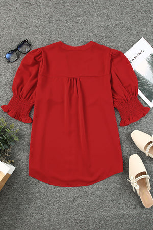 Smocked Flounce Sleeve Notched Neck Blouse