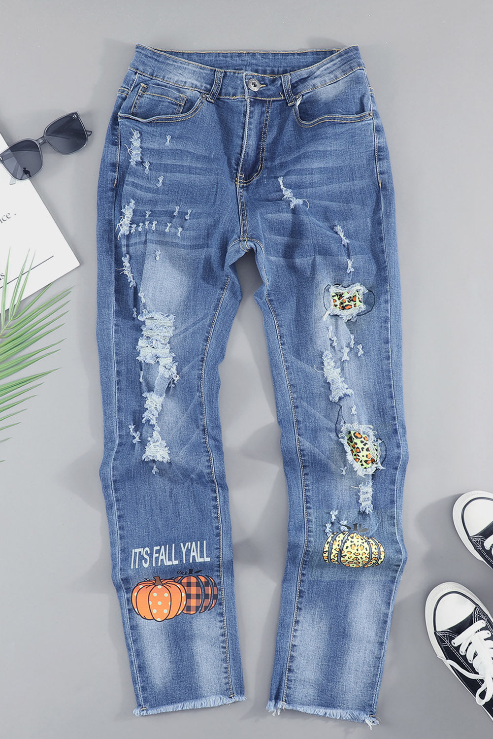 Graphic Leopard Patchwork Distressed Jeans