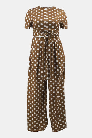 Plus Size Polka Dot Round Neck Top and Wide Leg Pants Set