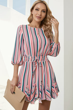 Striped Drawstring Waist Three-Quarter Sleeve Mini Dress