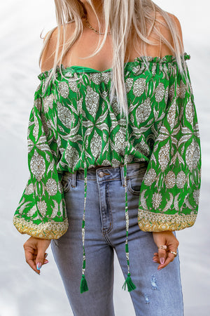 Printed Tassel Tie Balloon Sleeve Blouse