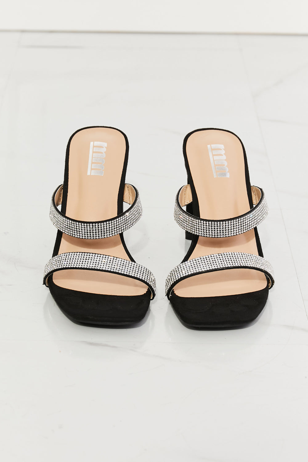 Rhinestone Block Heel Sandal in Black