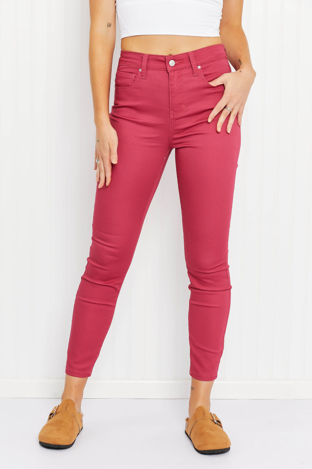 Walk the Line Full Size High Rise Skinny Jeans in Rose