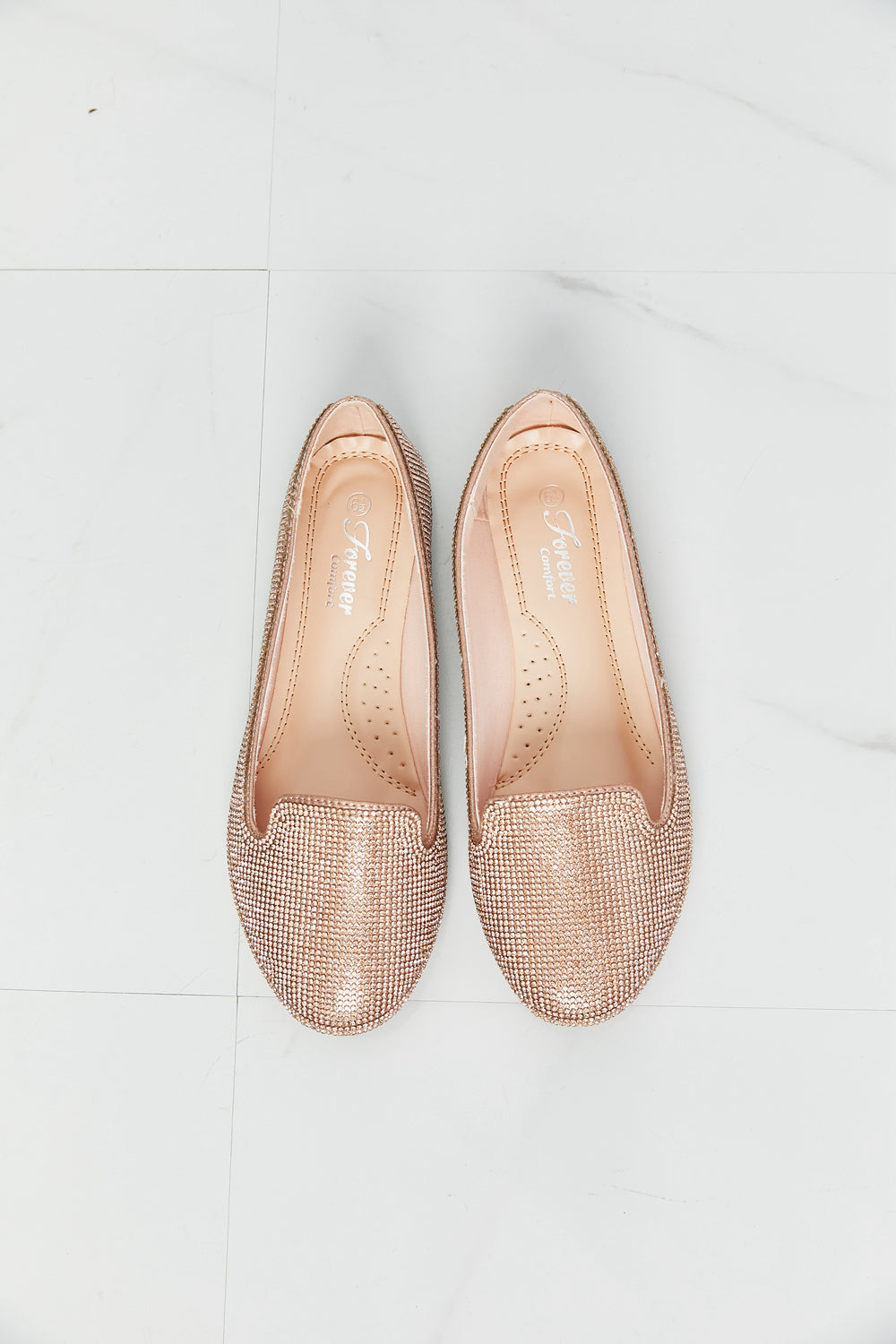 Rhinestone Round Toe Flats in Rose Gold