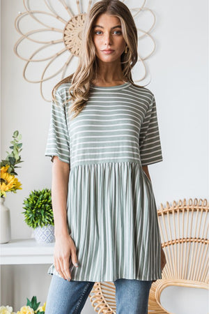 Full Size Striped Round Neck Babydoll Tee in Sage/Ivory