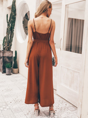 Spaghetti Strap Tie-Waist Split Jumpsuit