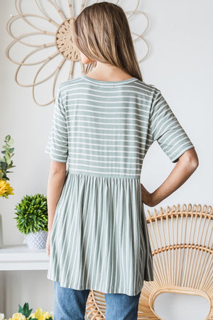 Full Size Striped Round Neck Babydoll Tee in Sage/Ivory
